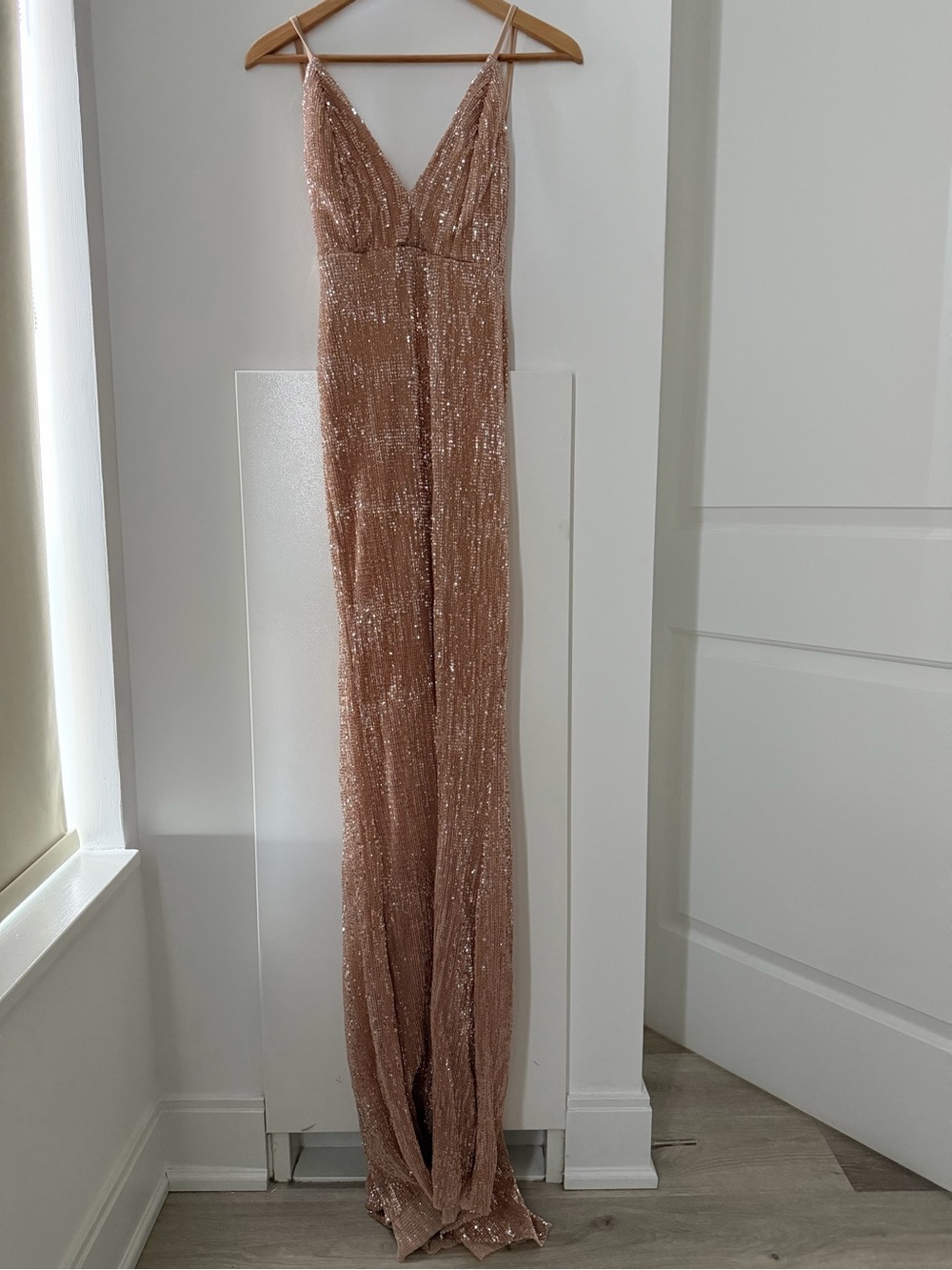 NWT Sequin Deep V Halter dress in Rose Gold